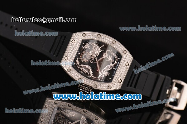 Richard Mille Tourbillon RM 057 Dragon Swiss ETA 2824 Automatic Steel&Diamonds Case with Black Rubber Strap and Silver Dragon Dial - 1:1 Original - Click Image to Close